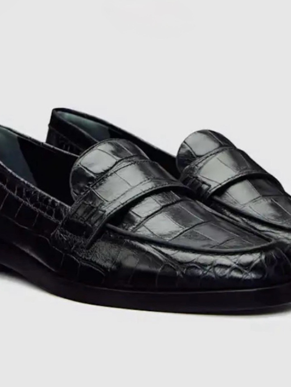 Reformation Black Croc-Embossed Leather Loafers